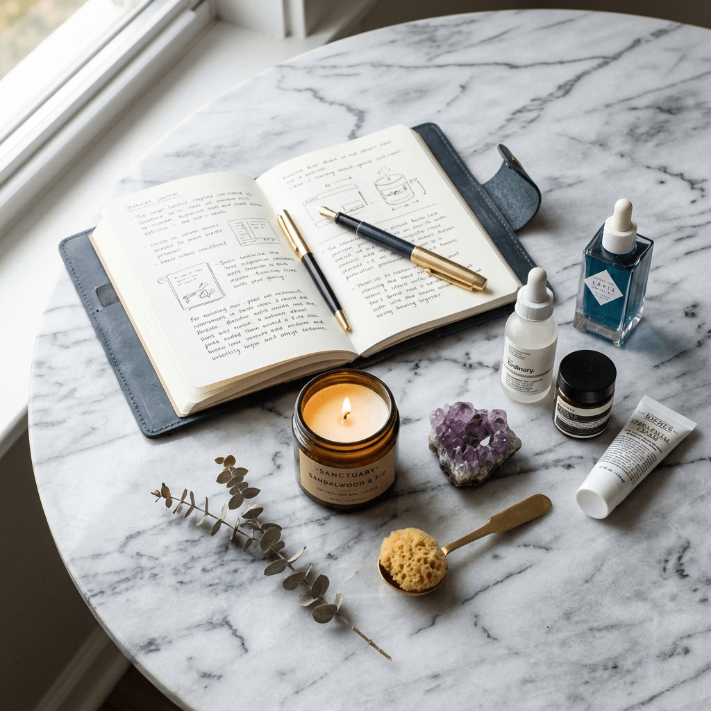 Open journal with notes, gold pen, lit sandalwood candle, skincare bottles, amethyst crystal, sponge, and eucalyptus branch on marble table.