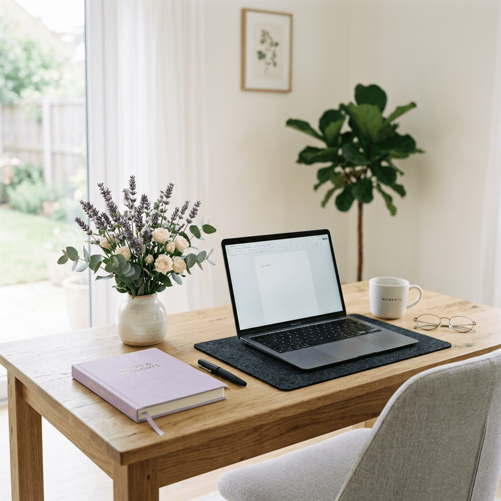 Wooden desk with open laptop, flower vase, notebook, pen, glasses, and coffee mug in a bright room