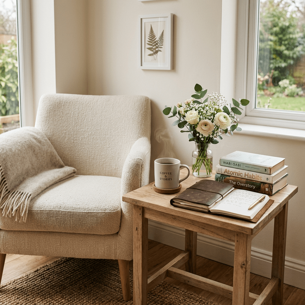 Armchair next to wooden table with books, journal, coffee mug, and flower vase