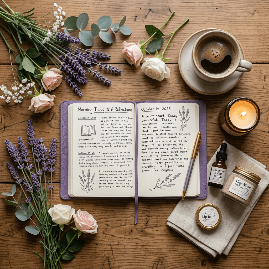 Woman writing in journal while holding a steaming cup of coffee near a lit candle